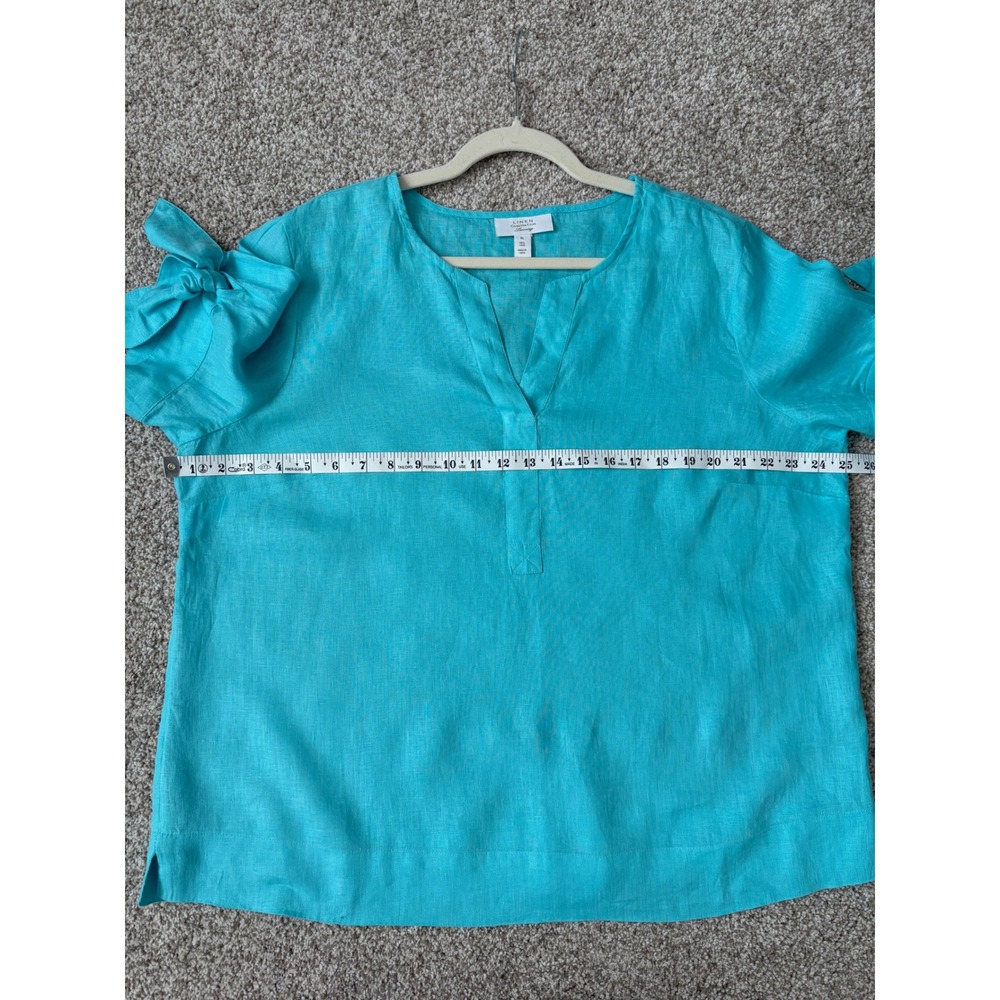 Charter Club Luxury Linen Turquoise Bow Tie Sleeve Split Neck XL Coastal Chic - Picture 3 of 8